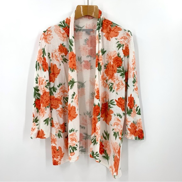 H&M Orange Floral 3/4 Sleeve Open Front Lightweight Knit Cardigan, Large - Picture 10 of 16
